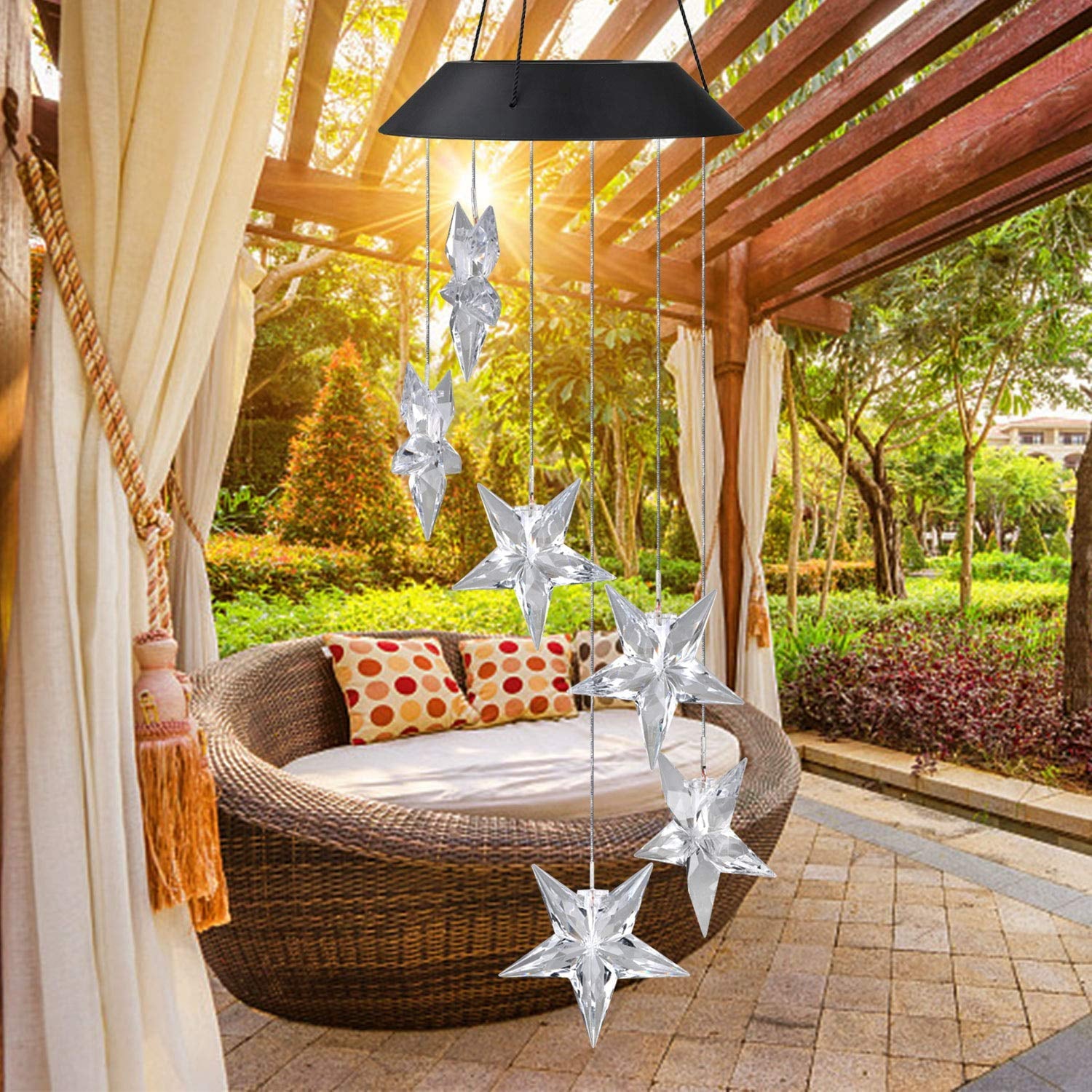 Solar Power Wind Chime, Color-Changing Star LED Wind Chime Waterproof Outdoor Decorative Automatic Wind Mobile Bell Light for Patio Yard Garden Home