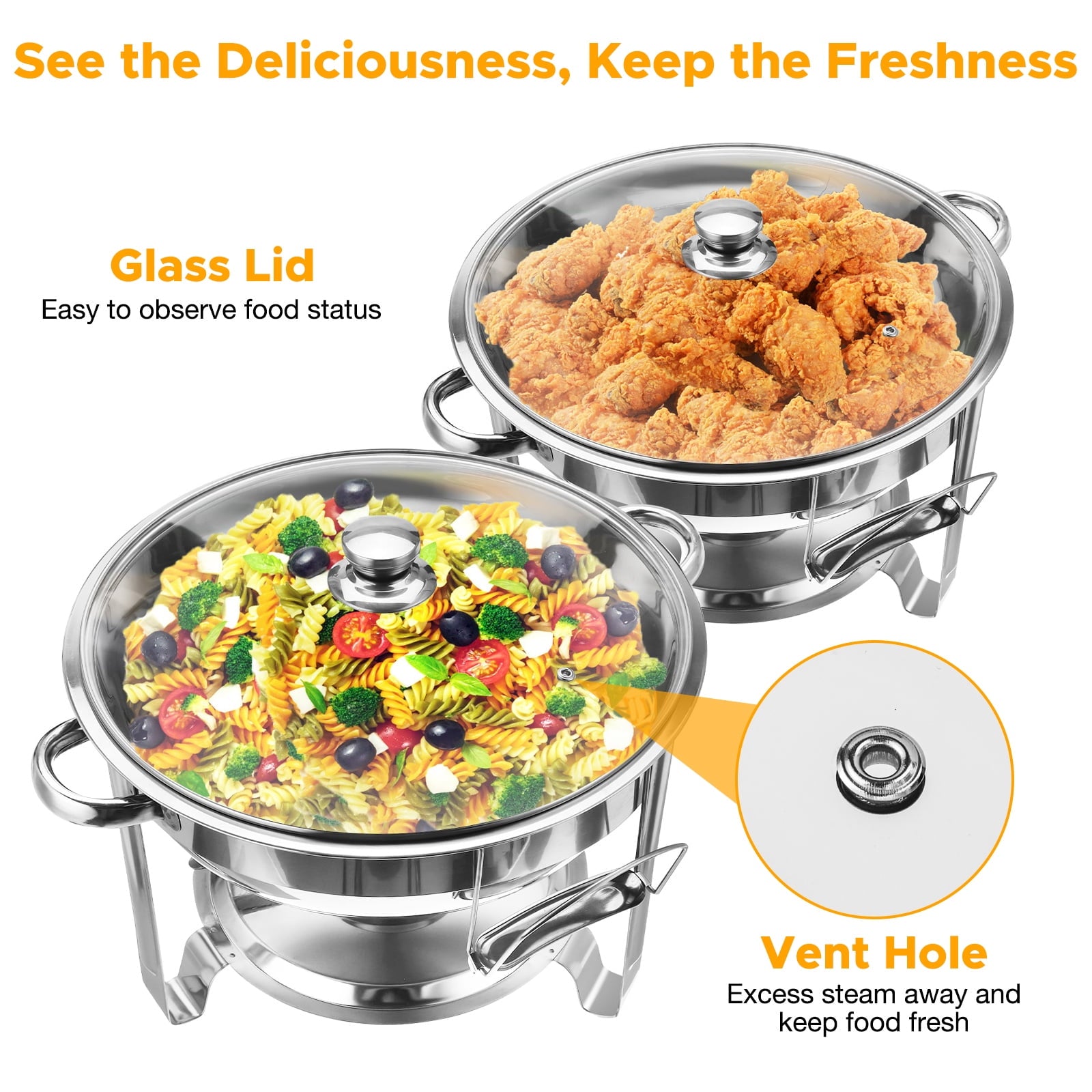 Warmounts Chafing Dish Buffet Set, 2 Pack 5-Quart Round Buffet Chafe Warmer Set, 410 Stainless Steel Chafing Dish Buffet Food Warmer with Glass Lid & Holder for Party Home Garden Wedding Events