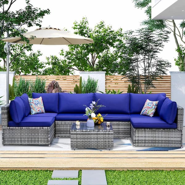 Modern & Comfortable 7-Piece Metal Wicker Outdoor Sectional Set with Navy Blue Cushions