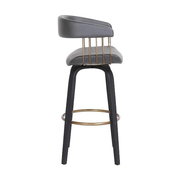 Topanga Swivel 30.5 in. Grey, Black and Golden Bronze Wood Bar Stool with Grey Faux Leather Seat