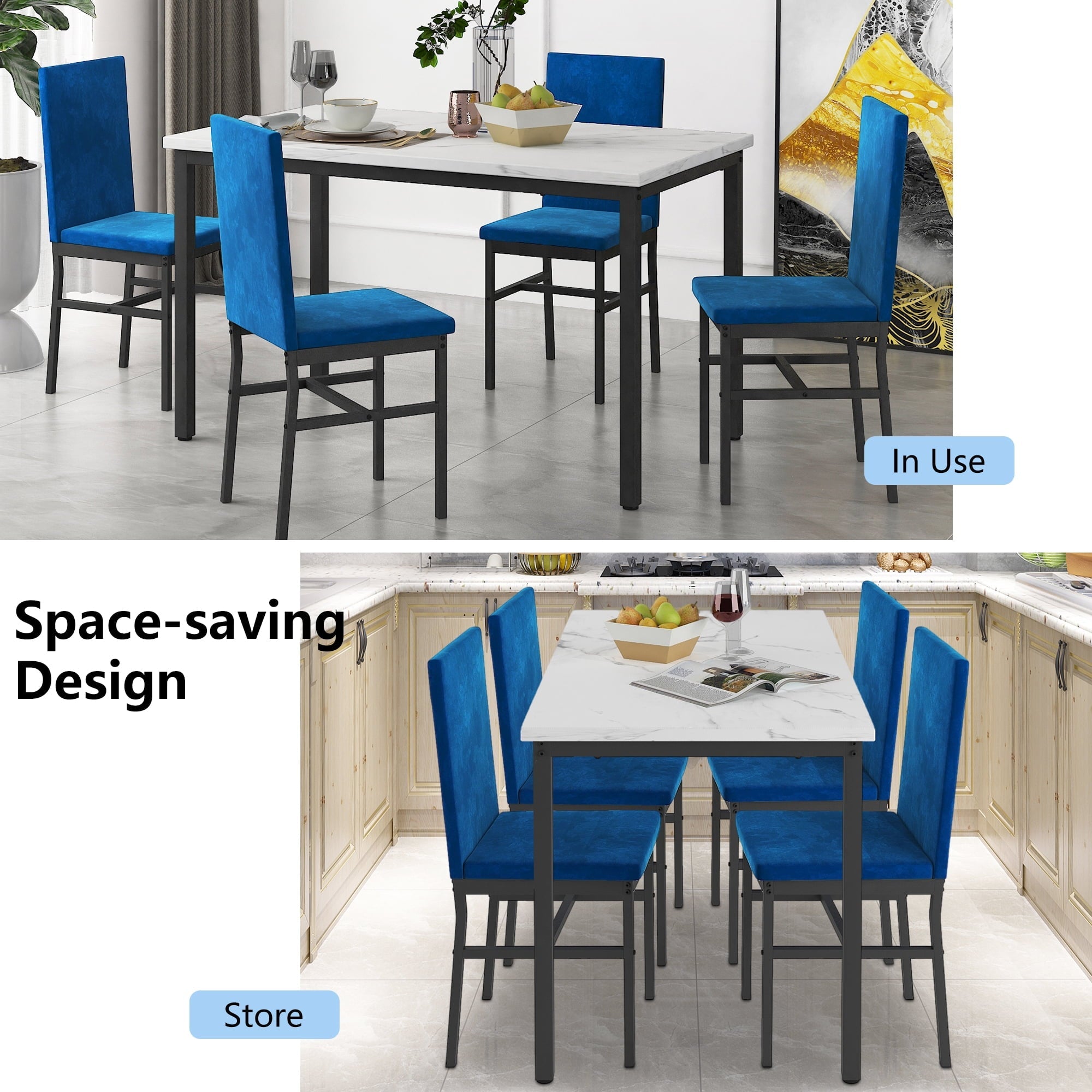 Rectangle Dining Table Set, 5 Pieces Dining Set, Dine Table and 4 Velvet Chairs, Compact Kitchen Table Set for Home, Breakfast Nook, Cafeteria Dining Room, JA4324