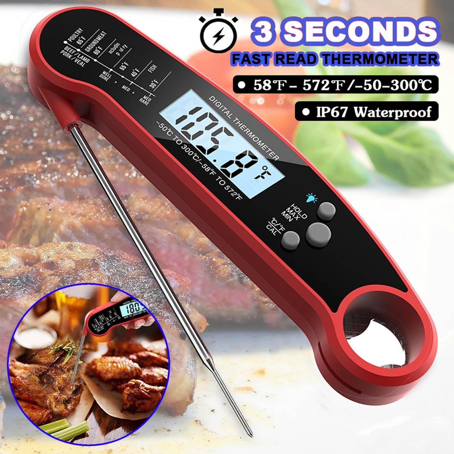 Digital Meat Thermometer with Probe for Cooking and Grilling,Ultra Fast Instant Read Food Thermometer,Waterproof Kitchen Wireless Grill Thermometer for BBQ Candy Baking with Backlight & Magnet