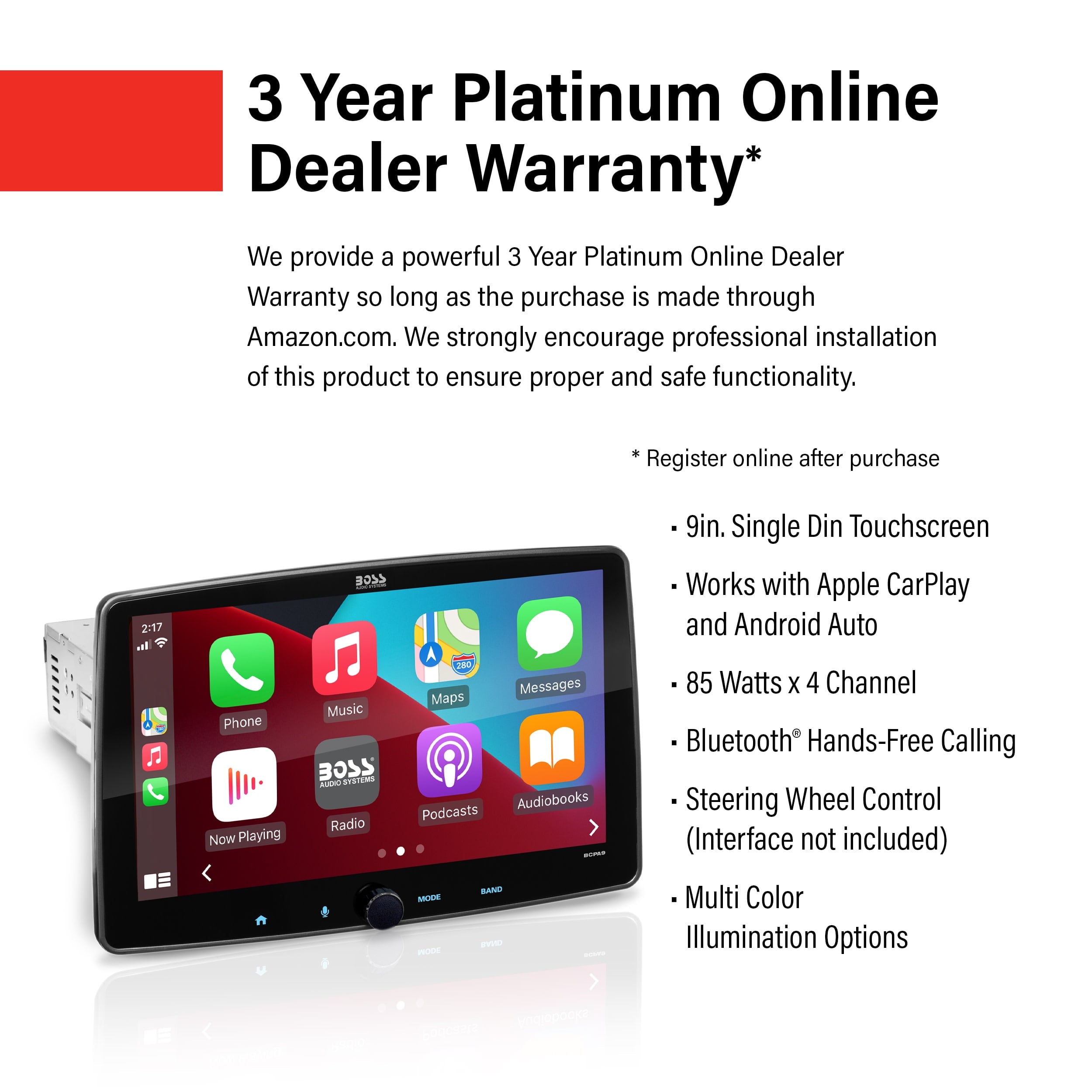 BOSS Audio Systems BCPA9 Apple CarPlay Android Auto 1 Din Car Stereo System