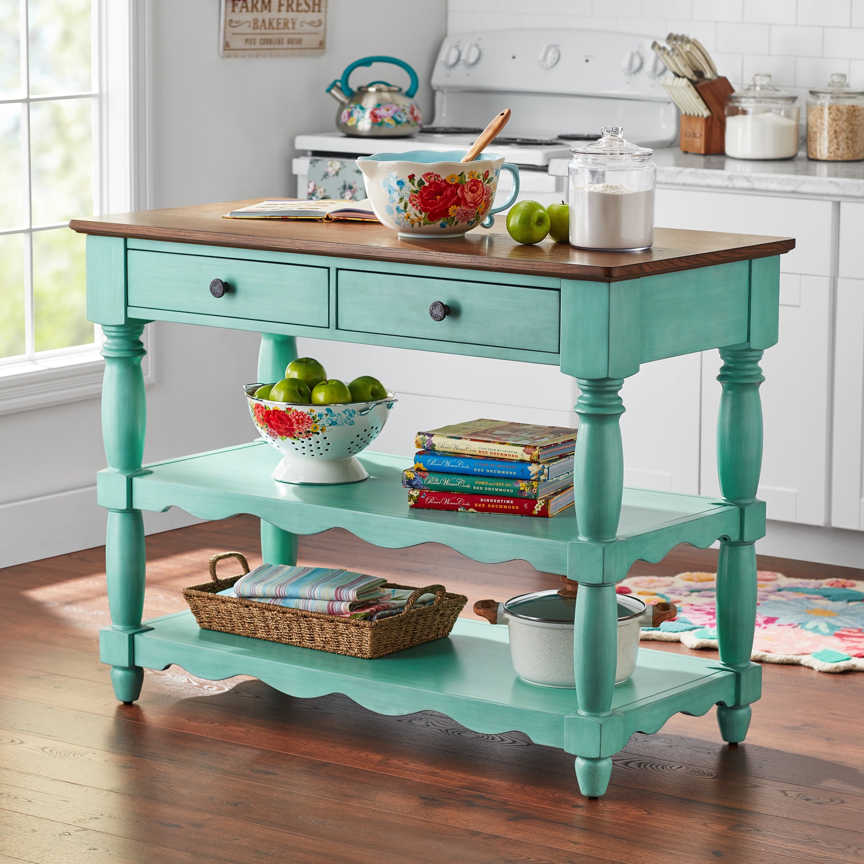 The Pioneer Woman Kitchen Island Made With Solid Wood Frame, Teal
