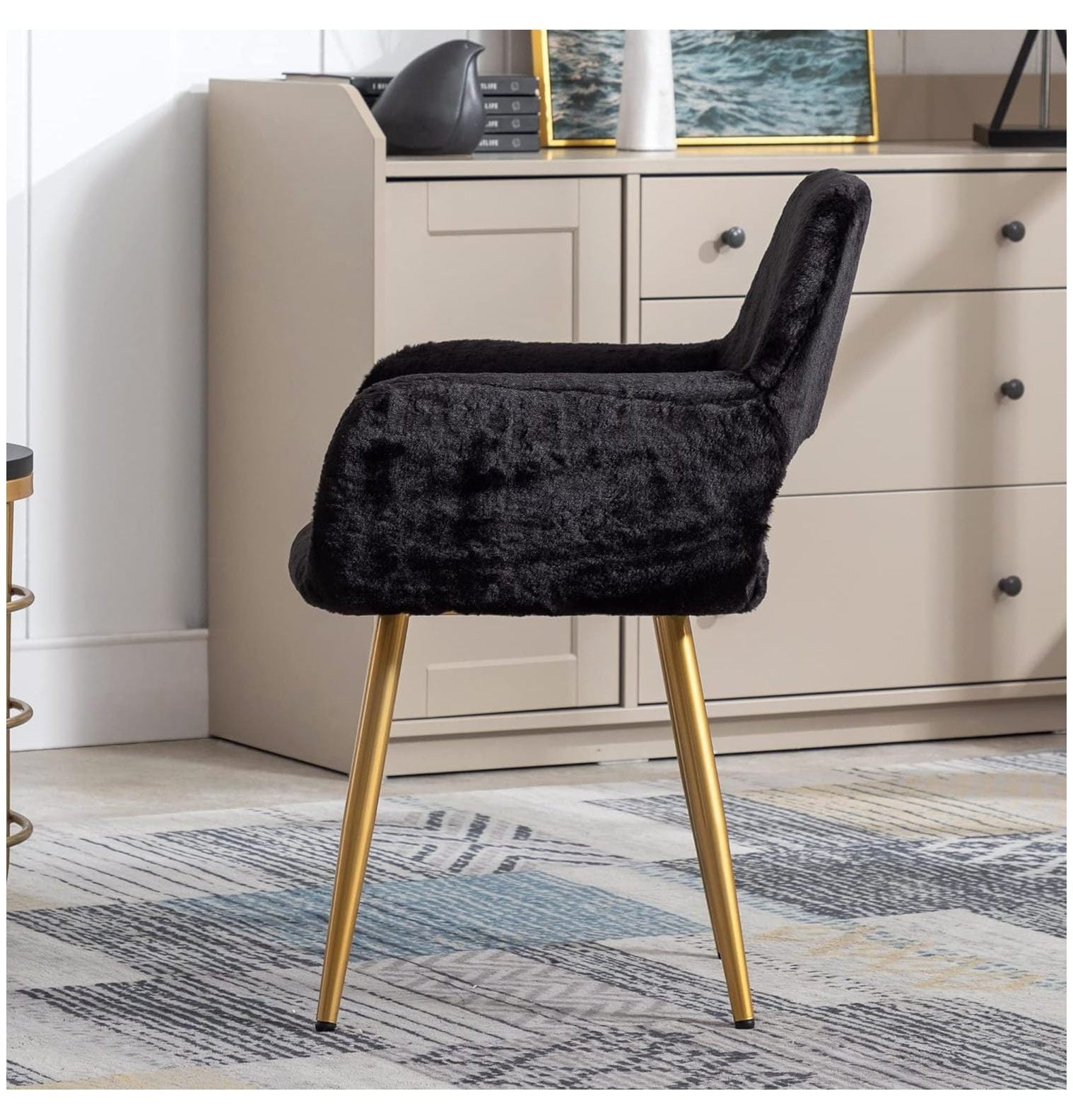 Quexis Furry Desk Chair, -Century Modern Accent Faux Fur Chair for Teen Girls, Comfy Armchair with Wood Look Metal Legs for Living Dining Room, Home Vanity Makeup Office Desk Chair No Wheel, Black