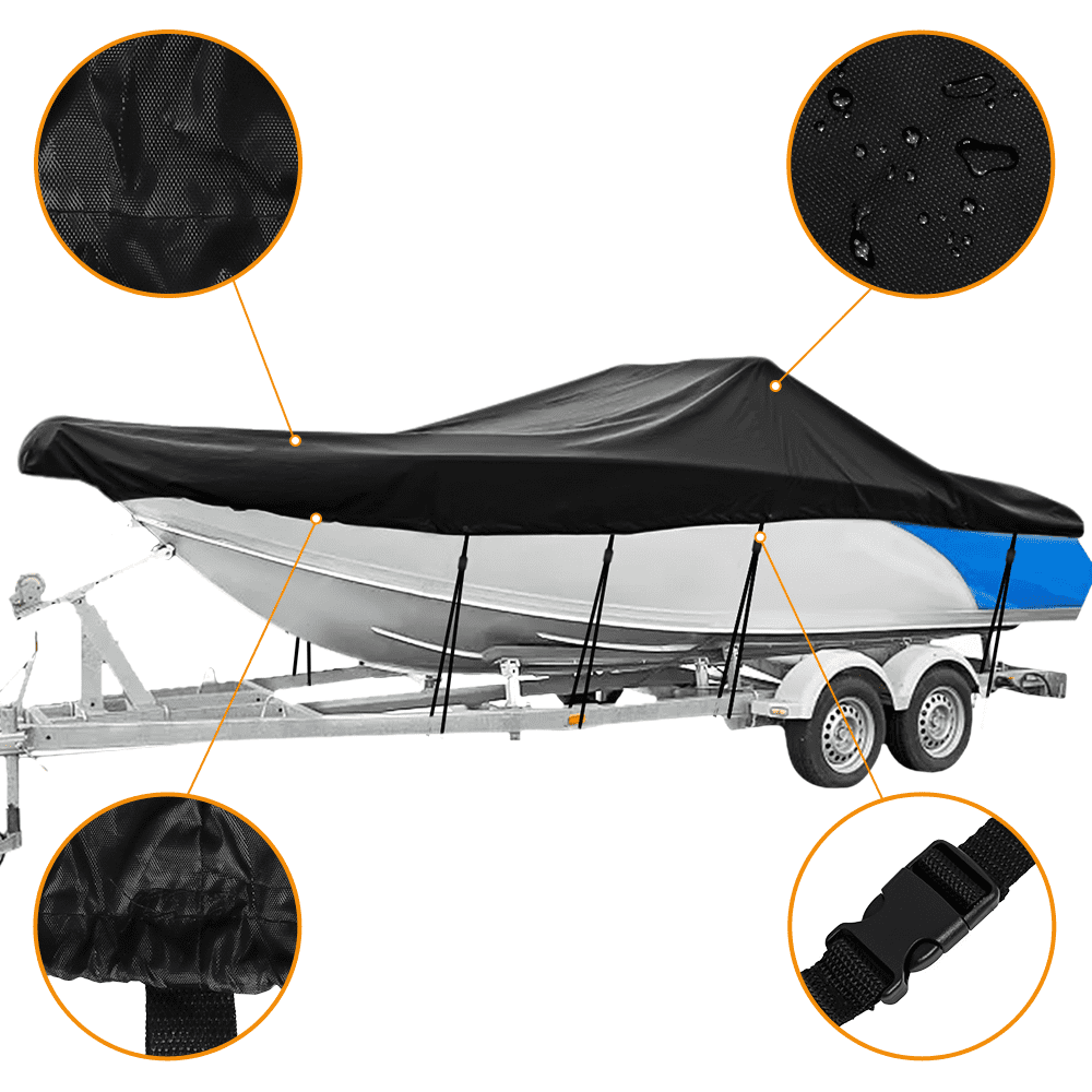 17-19ft Trailerable 210D Waterproof Boat Cover Fits V-Hull,TRI-Hull,Trailer,Pro-Style,Fishing Ski,Runabout,Bass Boat with Strap