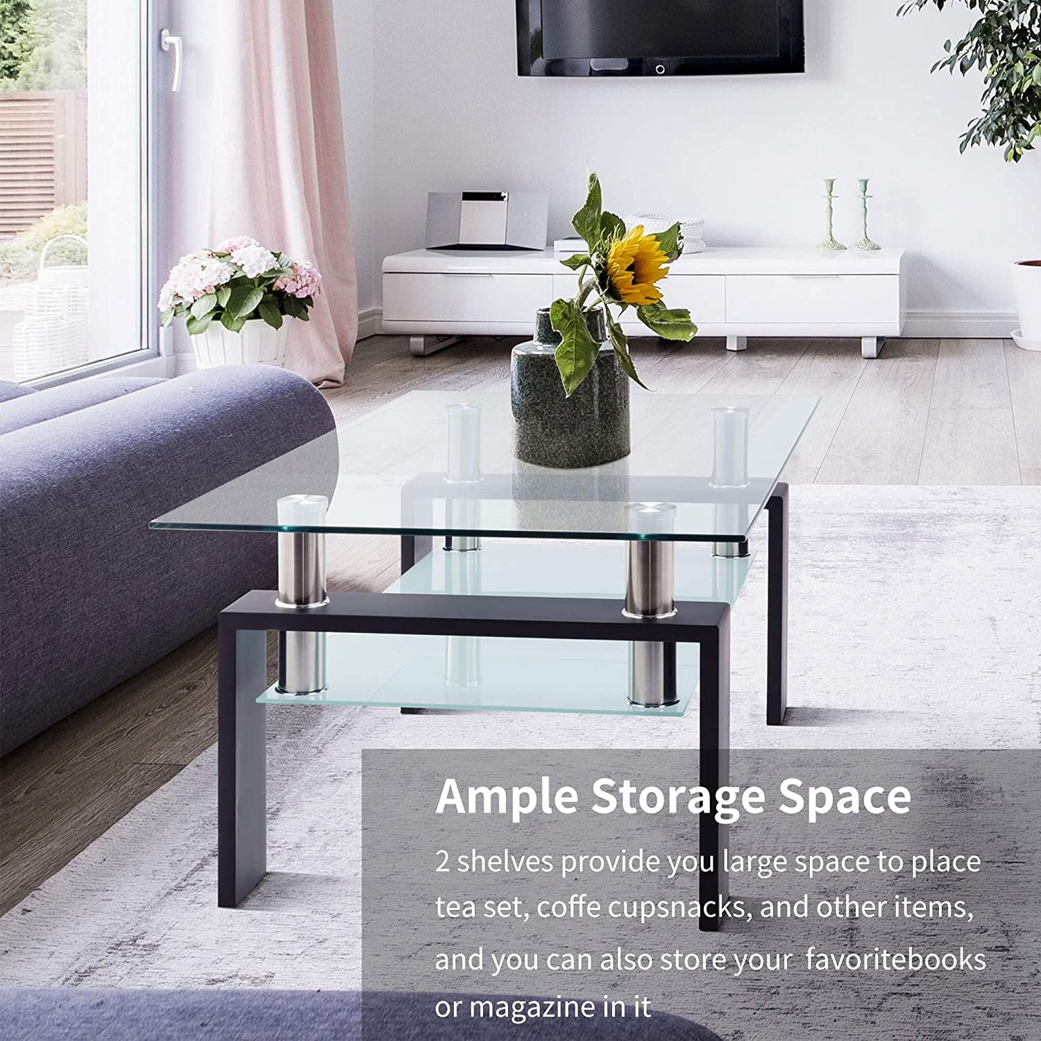 Glass Coffee Table with Lower Shelf, Clear Rectangle Glass Coffee Table, Modern Coffee Table with Metal Legs, Rectangle Center Table Sofa Table Home Furniture for Living Room, L5509