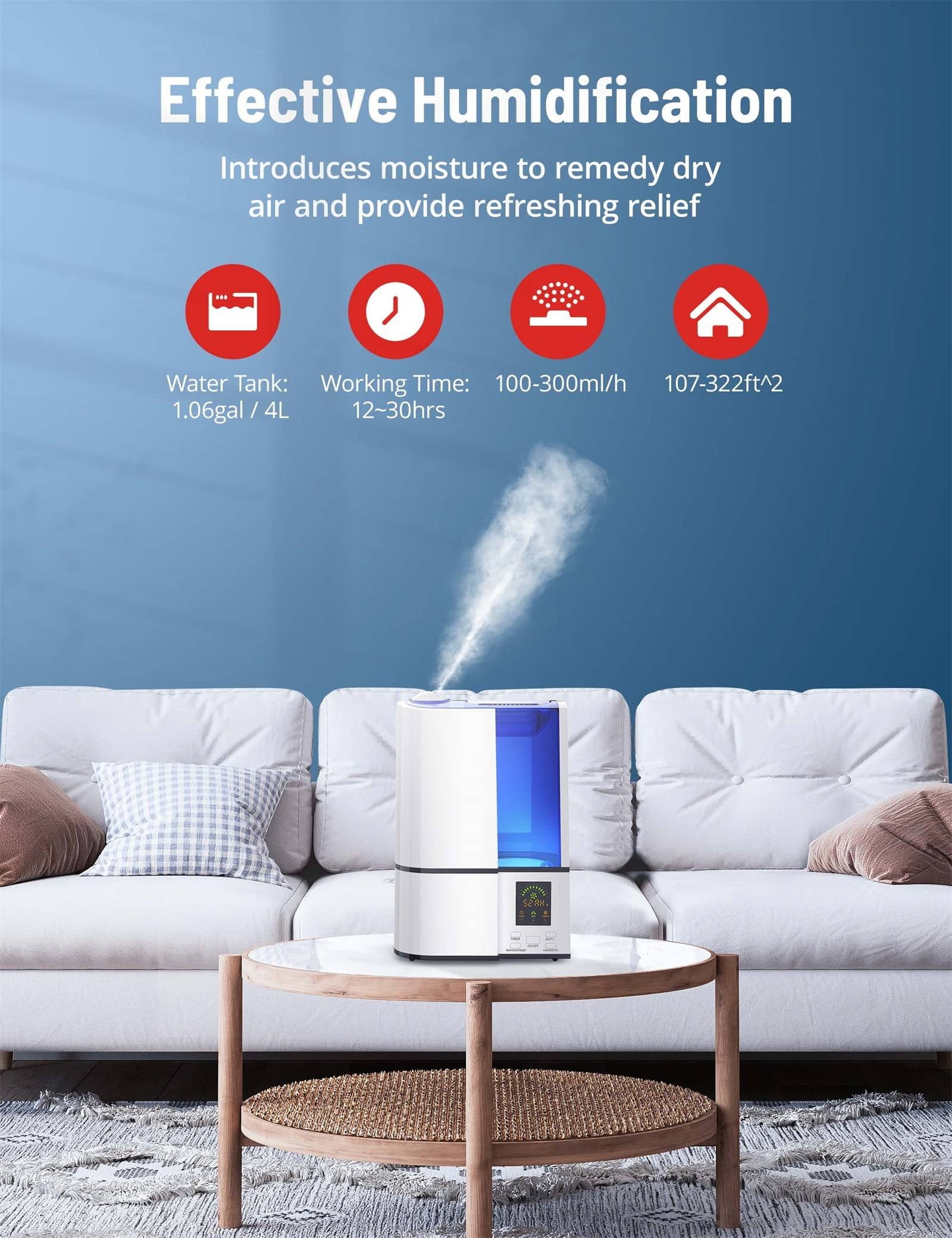 Humidifiers, 4L Cool Mist Ultrasonic Humidifier for Bedroom Home Large Room, LED Display With Humidistat, Waterless Auto Shut-Off Blue (1.06 Gallon, US 110V), White