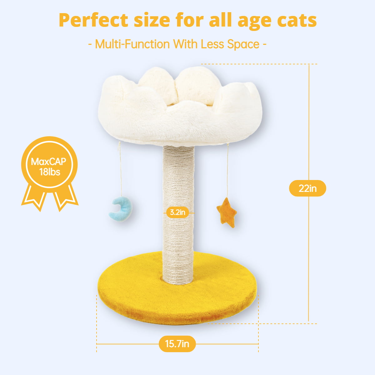 Happi N Pets Cloud Cat Scratching Post with Bed, 2 -Level Cat Tree, Nature Sisal Cat Scratcher with Soft Perch for Kitten & Adult Cats, Small Cat Tower with Toys, Stable Cat Furniture