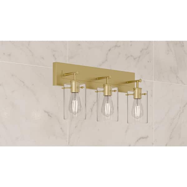 Regan 21 in. 3-Light Brushed Gold Vanity Light with Clear Glass Shades