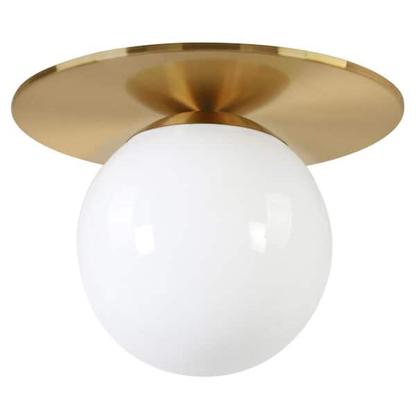 Amma 12 in. 1-Light Brushed Brass and White Flush Mount with Glass Shade
