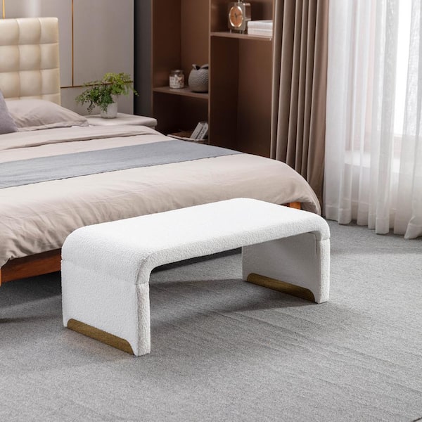 Ivory Boucle Fabric Bedroom Bench Shoe Bench With Gold Metal Legs, Upholstered Ottoman Footstool (16,14 X43,31X19,69)