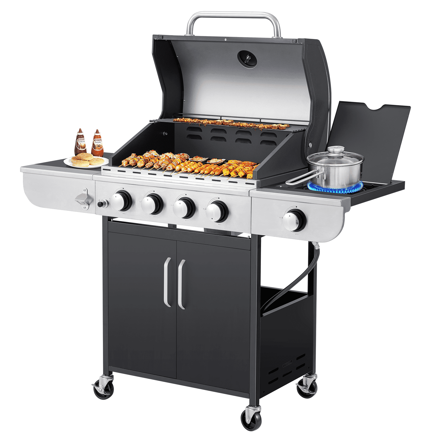 4 Burner Gas Grill,36000 BTU BBQ Propane Stainless Steel with Side Table for Patio Garden
