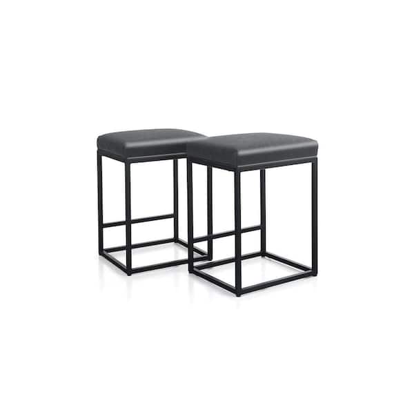 24 in. Black Leather Cushion and Black Metal Frame Metal Bar Stool (2-pieces)