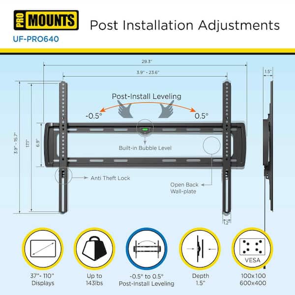 Large Flat TV Wall Mount for 37-110 in. TV's up to 143 lbs. TV Bracket for Wall Fully assembled, Ready to install