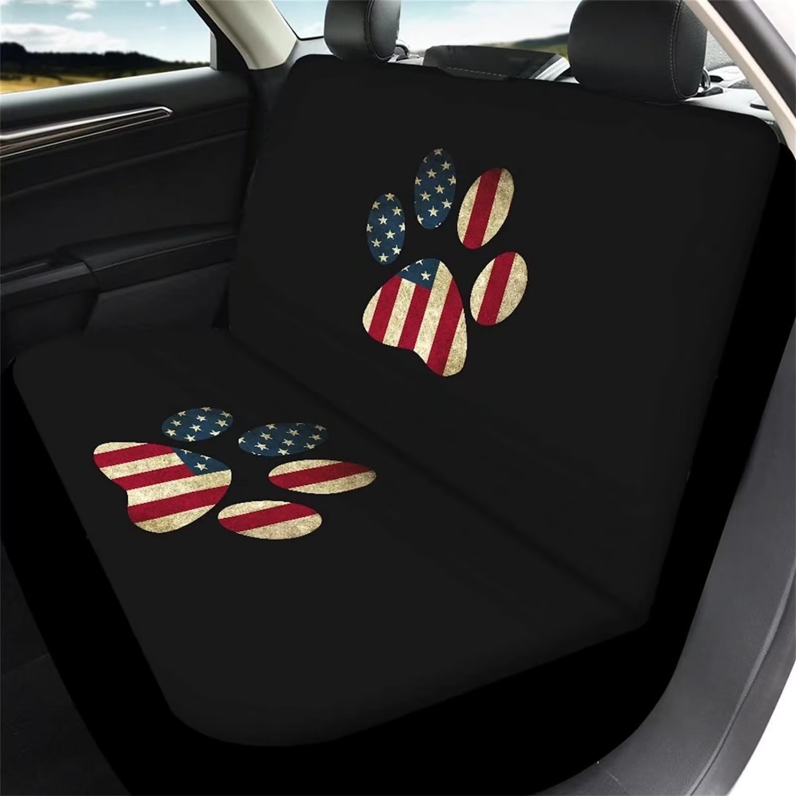FKELYI American Flag Pet Paw Car Seat Covers Set of 4pcs,Elastic Front Seat Rear Backrest Cover Seat Cover,4 of July Patriotic Auto Car Seat Cushion Cover Accessories,Universal Fit