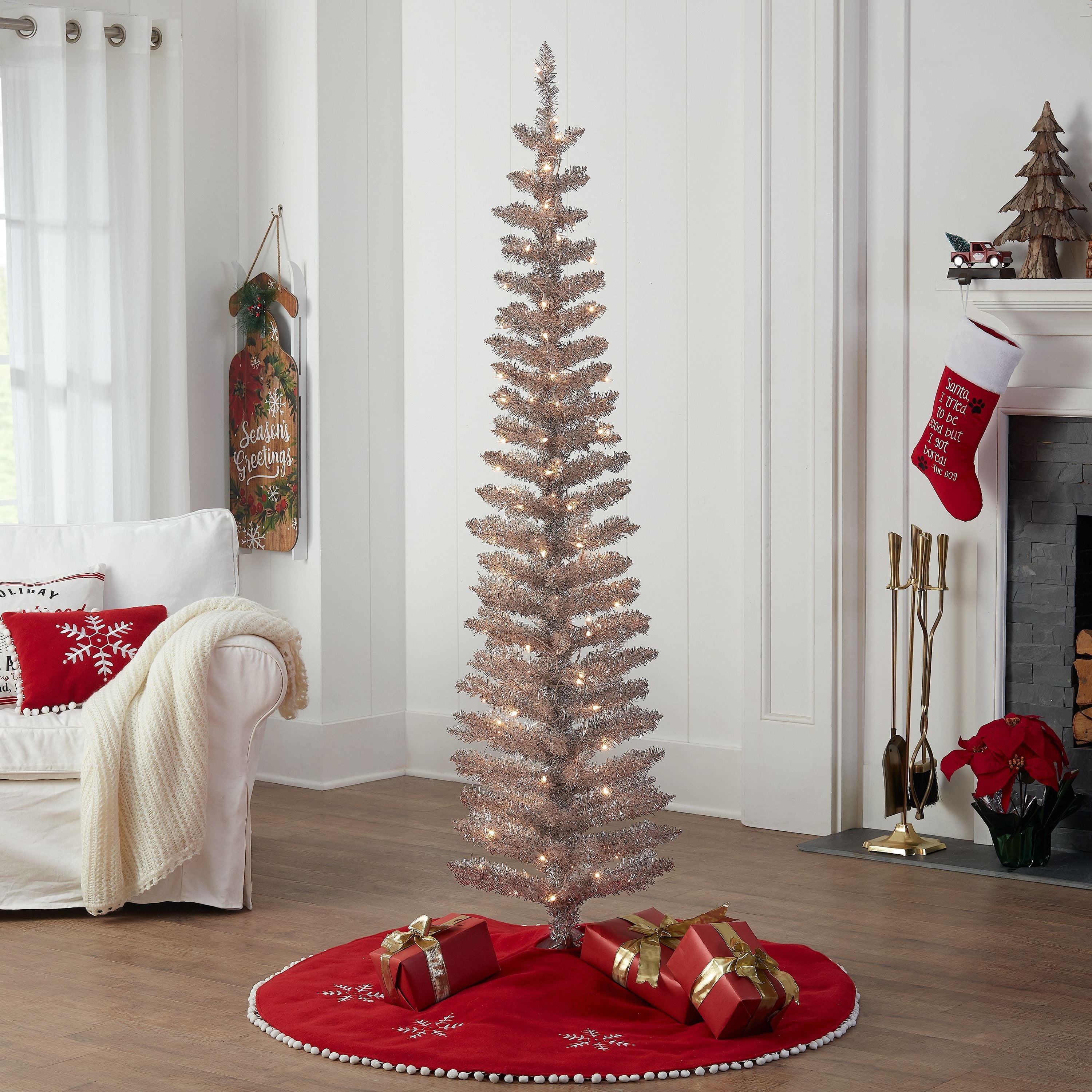 6 ft Pre-Lit Rose Gold Tinsel Christmas Tree, Rose Gold, 6 ft, 100 Clear Lights, by Holiday Time