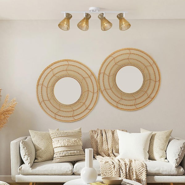 2.3 ft. Matte White Indoor Hard Wired Track Lighting Kit with Pivoting Natural Twine Shades, Step Heads