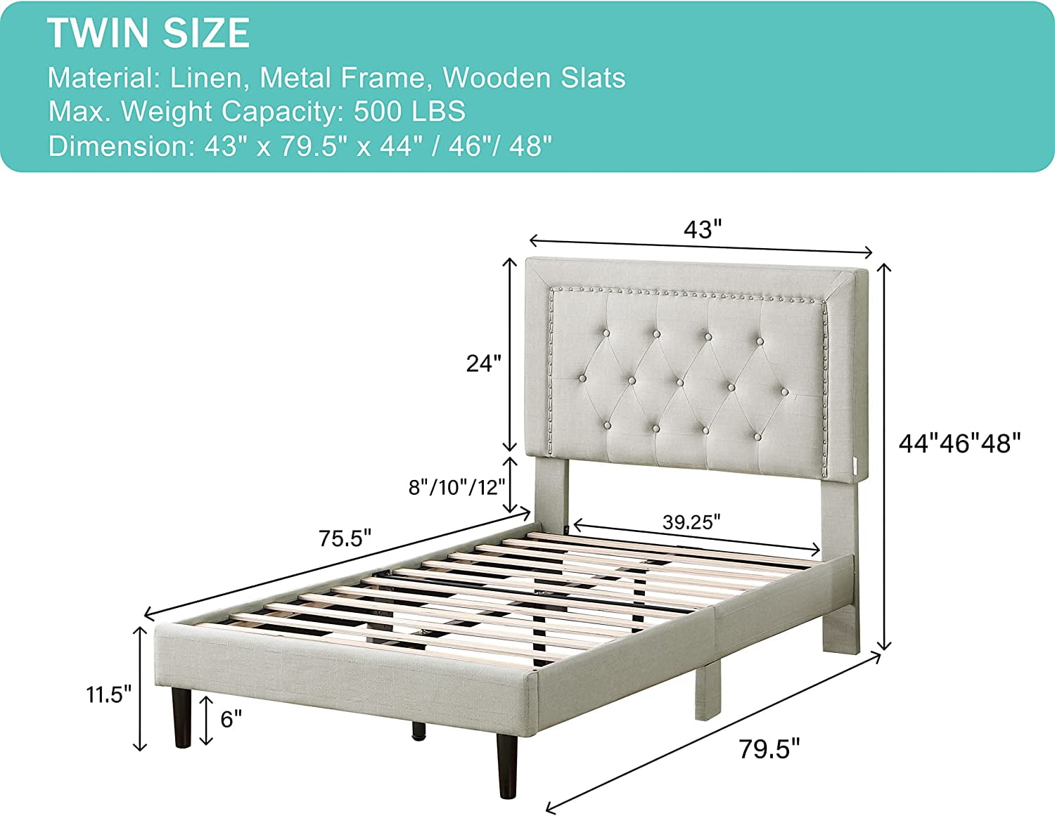 Twin Upholstered Platform Bed Frame with 48