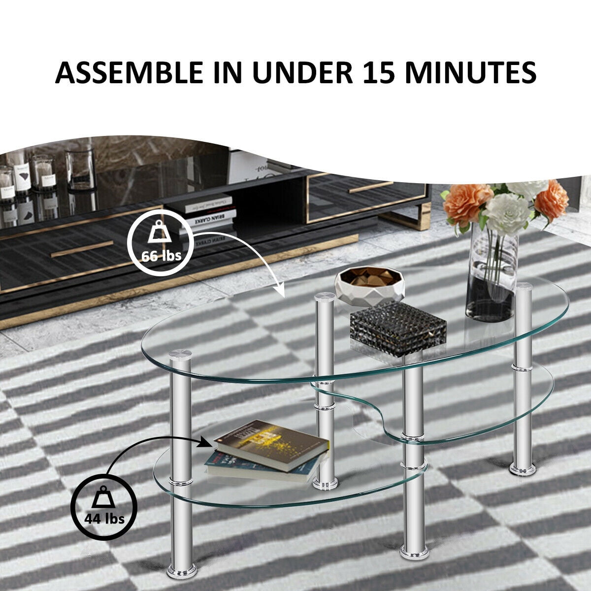 Costway Tempered Glass Oval Side Coffee Table Shelf Chrome Base Living Room Clear