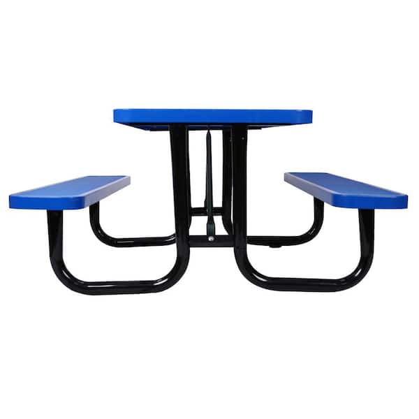 82.9 in.L x 82.9 in.W x 28.9 in.H Square Outdoor Steel Picnic Table 46 in. Blue with Umbrella Handle