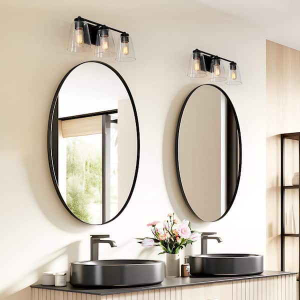 Modern Bell Vanity Light for Bathroom Kurozo 3-Light Matte Black Cylinder Wall Sconce Light with Clear Glass Shades