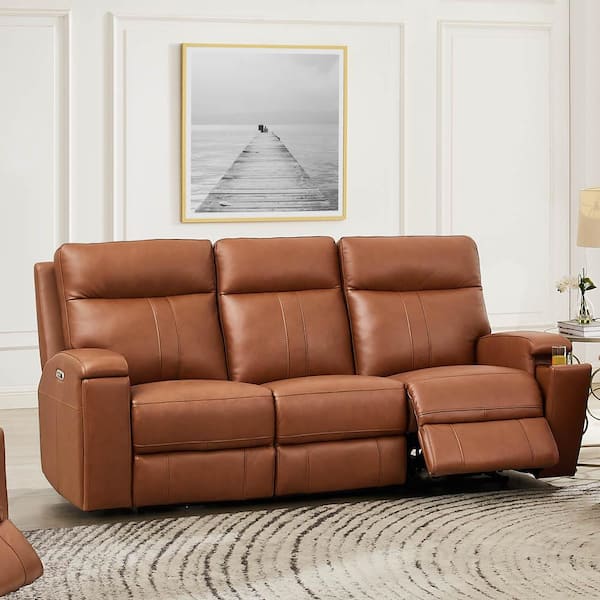 Venice 86 in. Square Arm Top Grain Leather Rectangle Zero Gravity Power Reclining Sofa in. Cinnamon Brown