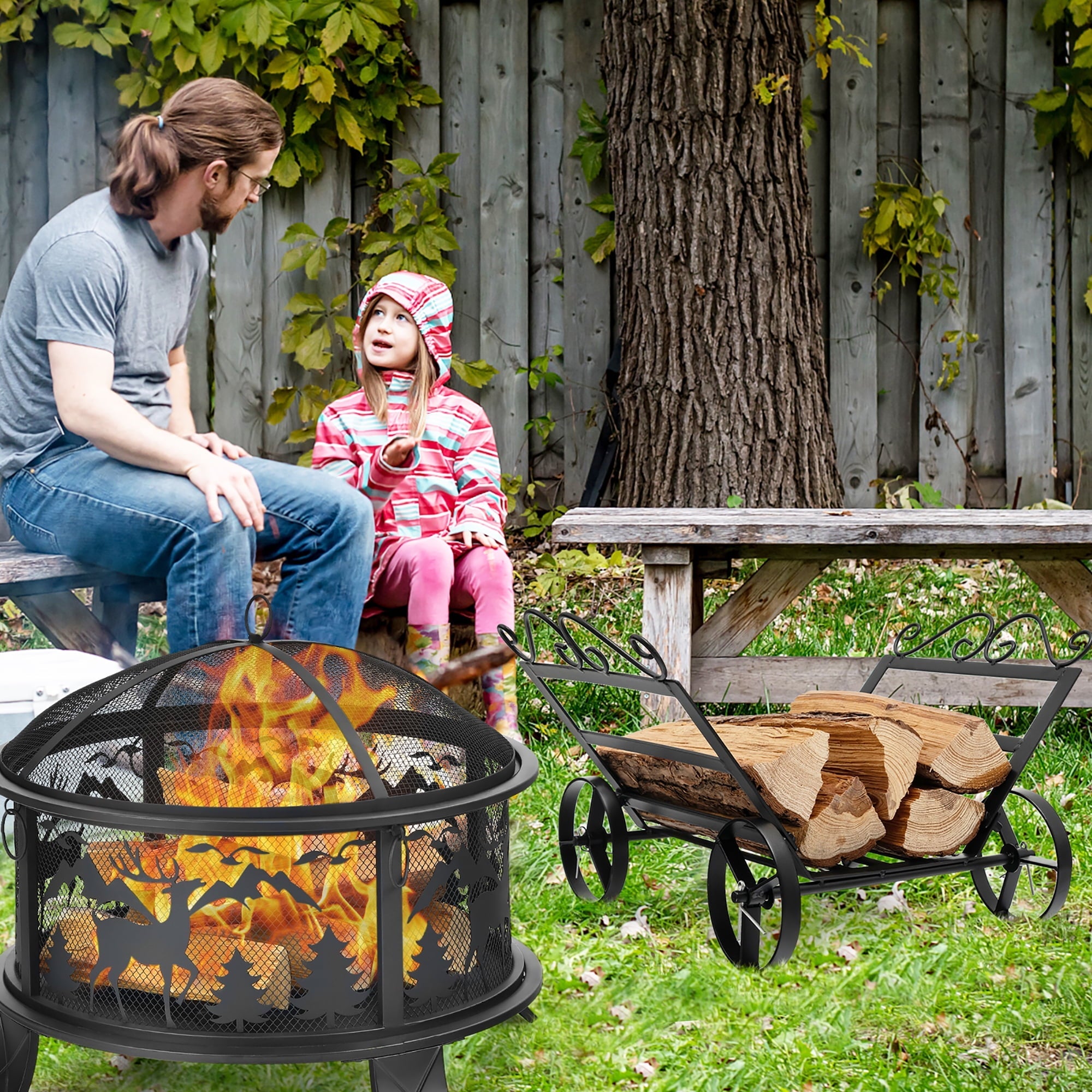 Costway Firewood Storage Rack Steel Fireplace Log Holder w/ Wheels