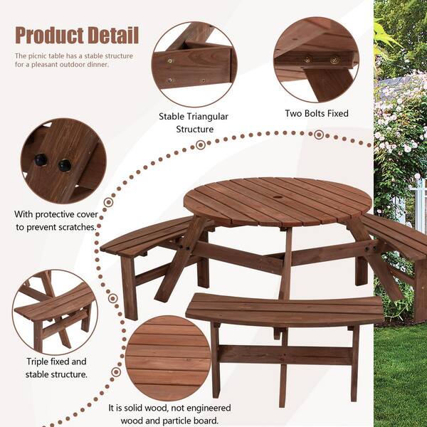 6-Person Wooden Picnic Table with 3 Built-in Benches and Umbrella Hole