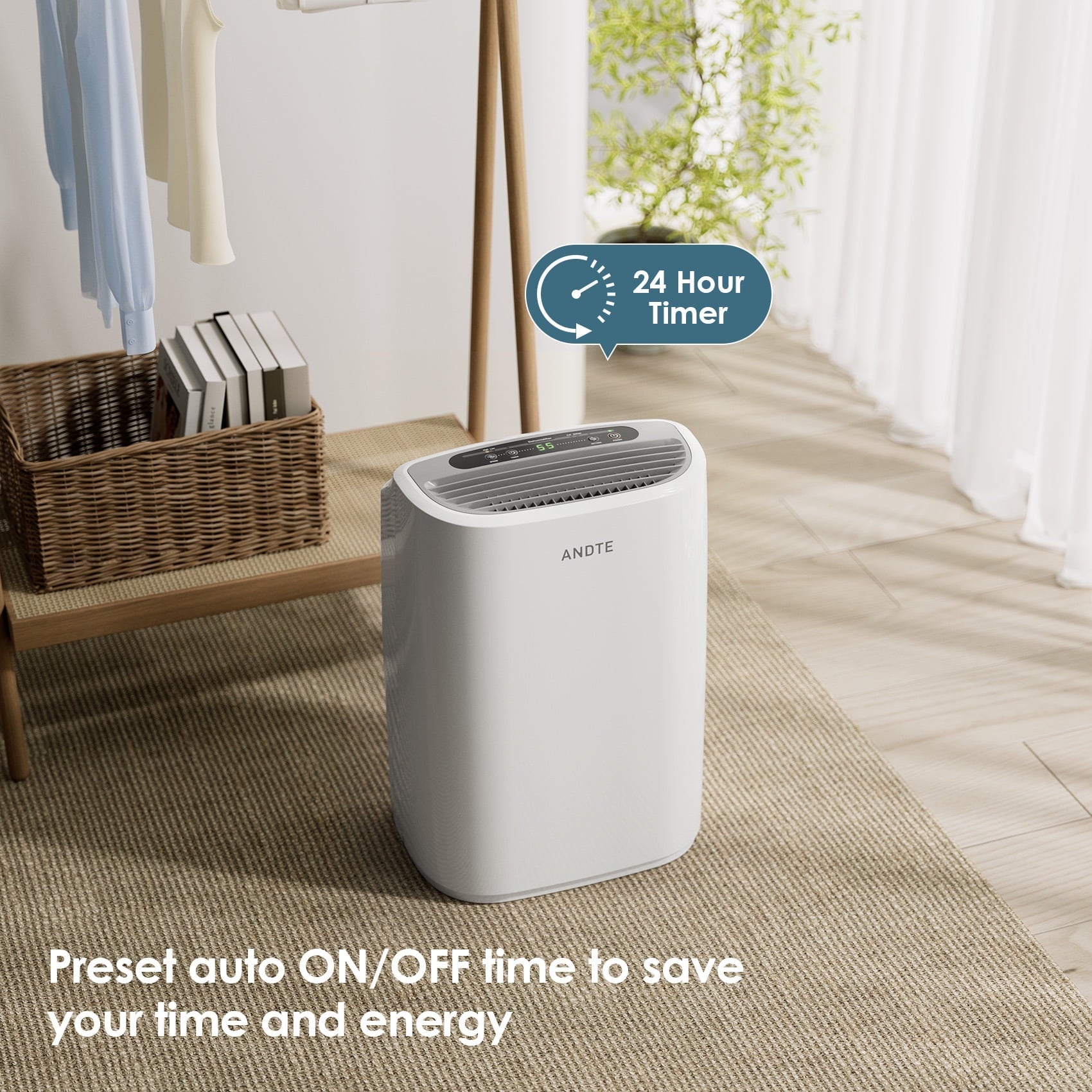 ANDTE 31 Pints Dehumidifiers, Spaces up to 2500 Sq.ft, Auto/Manual Drainage, 0.53 Gallon Water Tank, Auto Defrost, Dry Clothes Function, 24H Timer