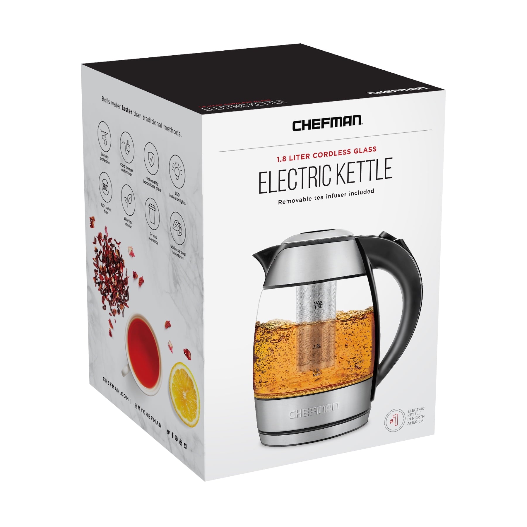 Chefman Fast Boiling 1.8L Electric Glass Kettle, Removable Tea Infuser, LED Lights, Stainless Steel