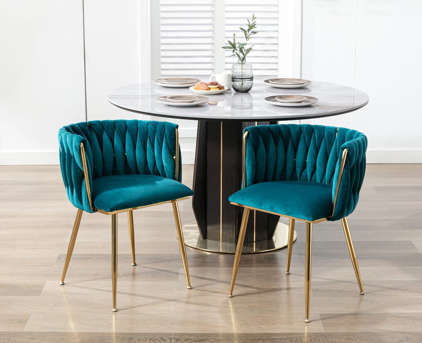 Guyou Velvet Dining Chair Set of 2, Modern Upholstered Accent Side Chair with Woven Back and Metal Legs, Vanity Chair Kitchen Chair for Living Room Dining Room Bedroom, Teal Green