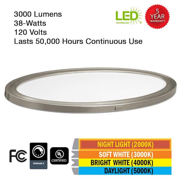 32 in. Low Profile Oval Brushed Nickel Color Selectable LED Flush Mount Ceiling Light w/ Night Light Feature