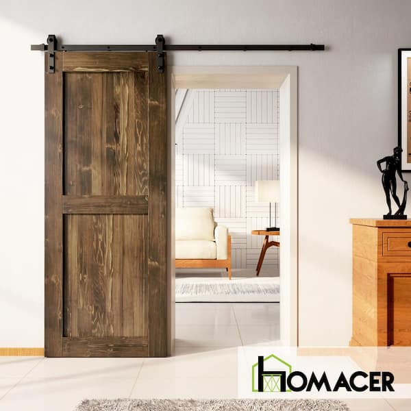 38 in. x 84 in. H-Frame Walnut Solid Natural Pine Wood Panel Interior Sliding Barn Door Slab with-Frame