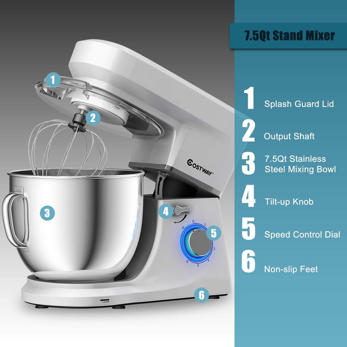 Costway Tilt-Head Stand Mixer 7.5 Qt 6 Speed 660W with Dough Hook, Whisk & Beater Silver