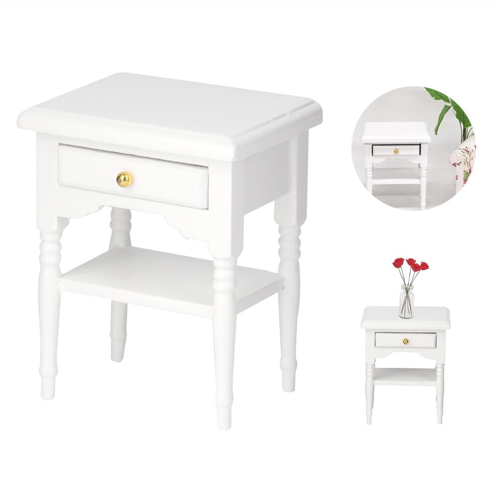 FAGINEY Bedside Table ,1:12 White Mini Bedroom Furnishing Articles Wooden Bedside Table Model,Toy