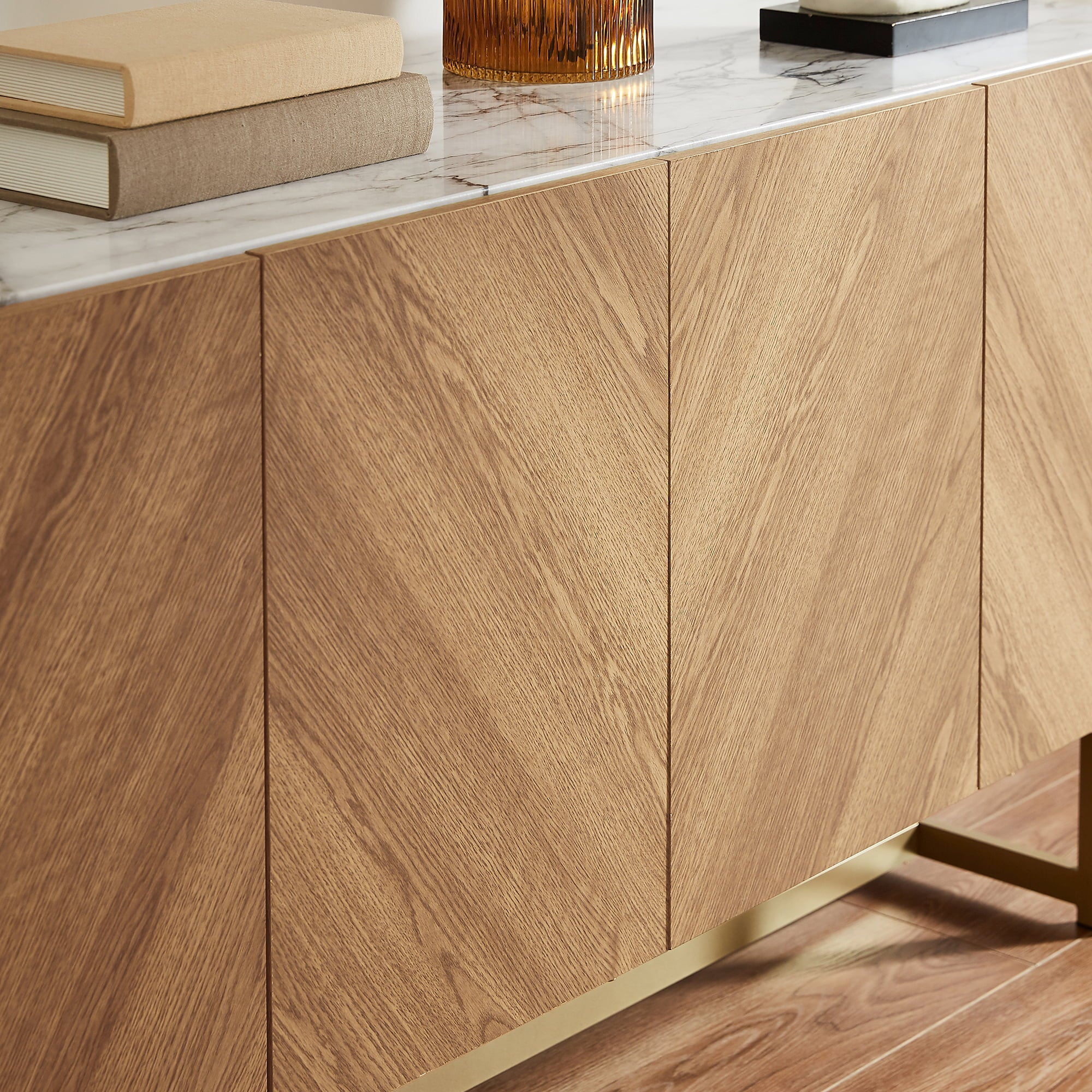 Roomfitters 57” Mid Century Modern TV Stand, Herringbone Pattern Buffet Cabinet Sideboard Credenza, Marble Top Media Console Entertainment Center for Living Room, Entryway (Oak Wood, Gold Metal Legs)