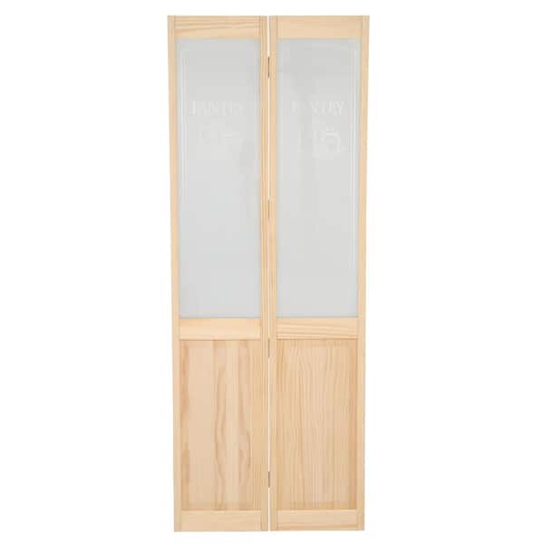 35.5 in. x 78.625 in. Pantry Glass Over Raised Panel 1/2-Lite Decorative Pine Wood Interior Bi-fold Door