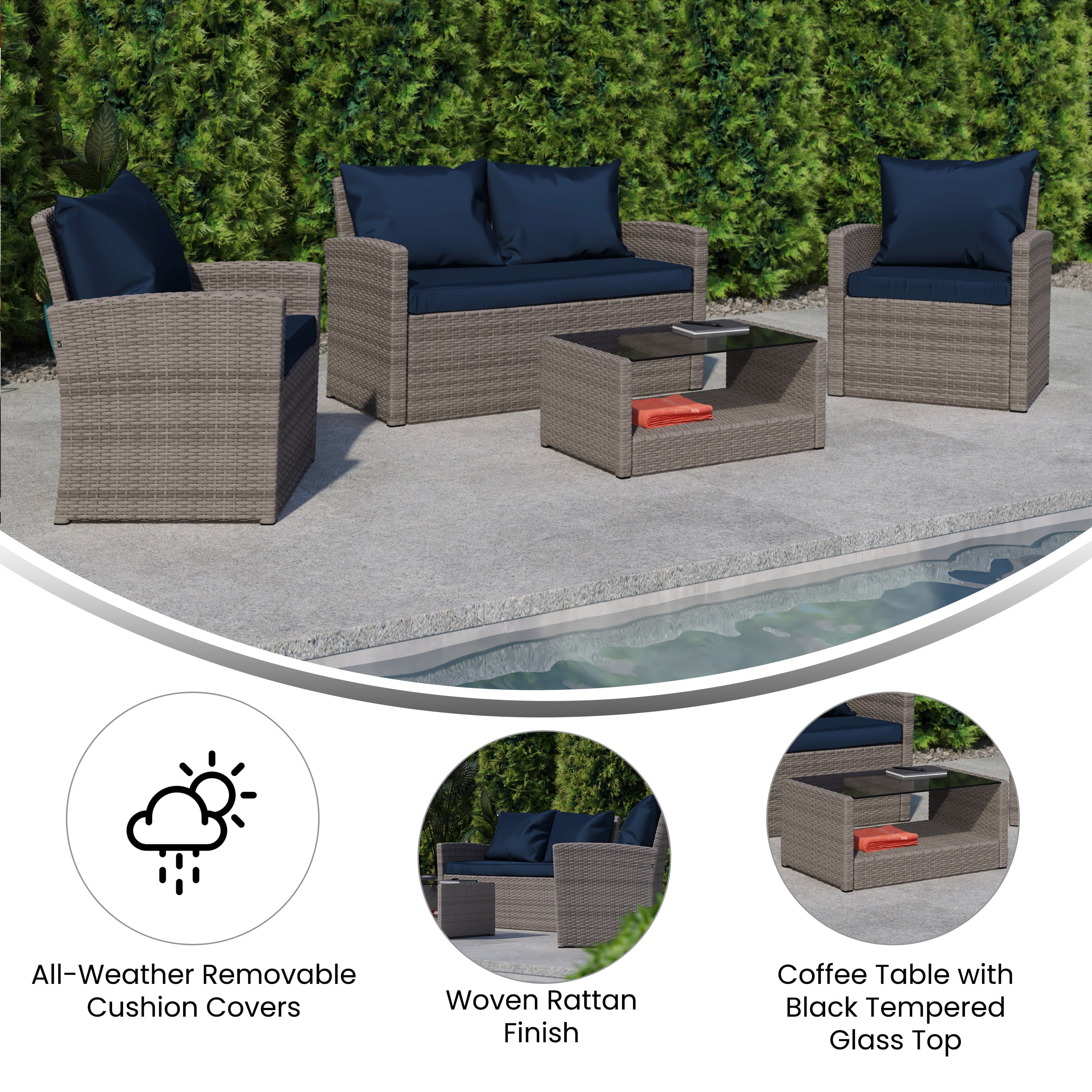 Flash Furniture Aransas Series 4 Piece Light Gray Patio Set with Navy Back Pillows and Seat Cushions