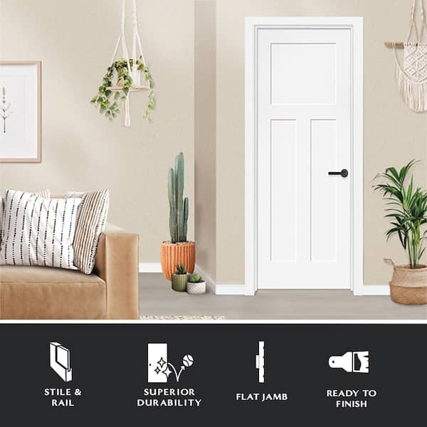 30 in. x 80 in. 3-Panel Mission Shaker White Primed LH Solid Core Wood Single Prehung Interior Door with Nickel Hinges