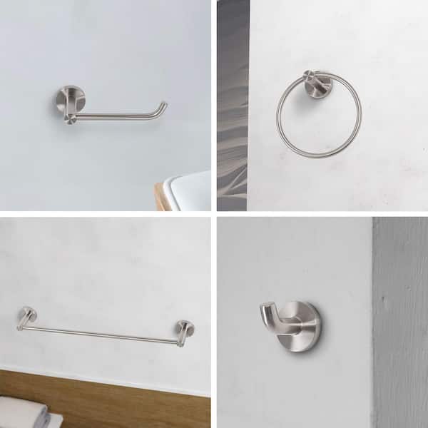 Kinglet 20 in. 3-Light Brushed Nickel Vanity Light, Towel Bar, Towel Ring Paper Holder and Towel Hook Bath Set (5-Piece)