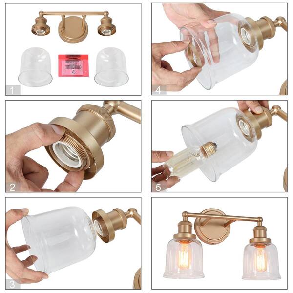 Coastal Bell Bathroom Vanity Light 2-Light Brass Gold Transitional Powder Room Wall Light with Clear Glass Shades