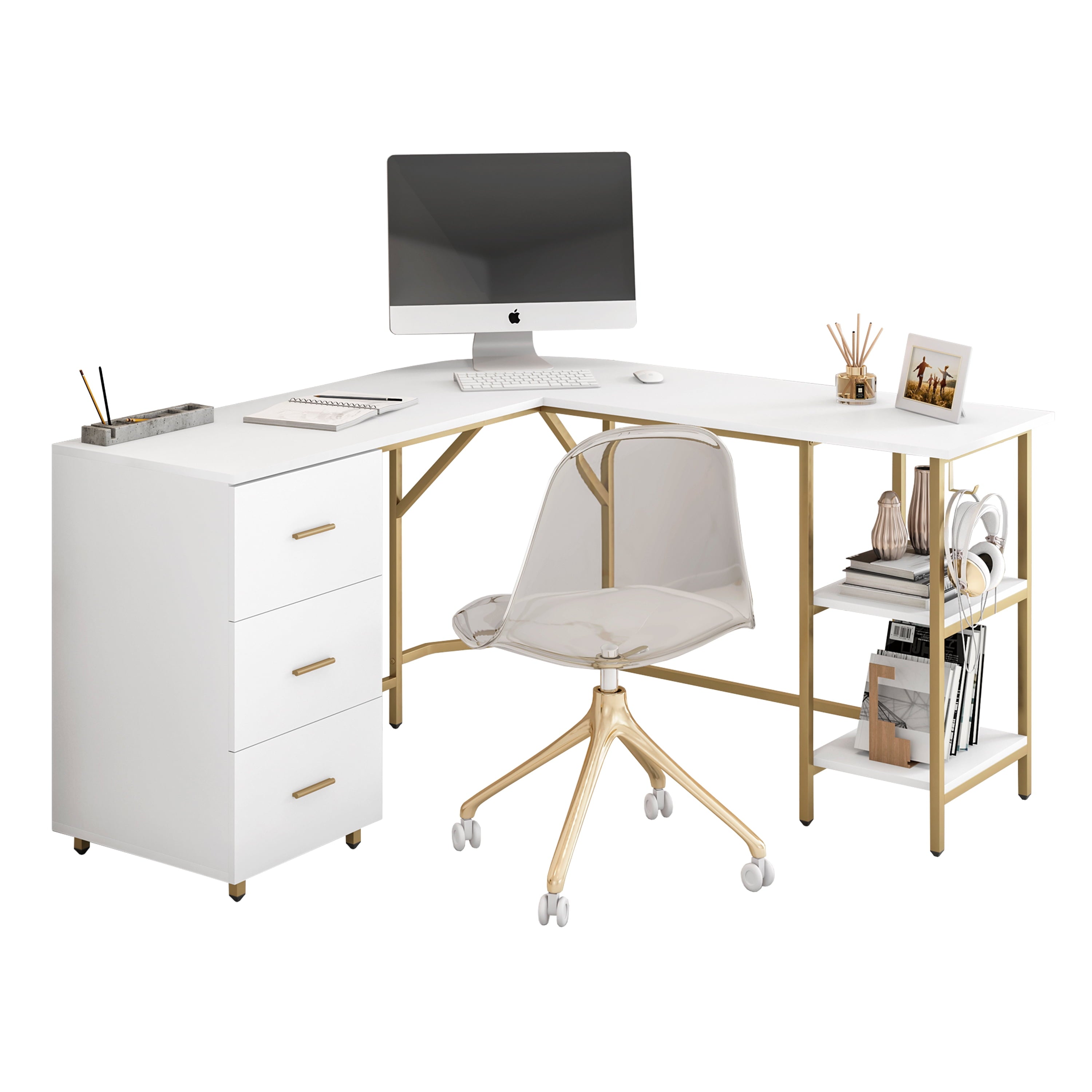 Techni Mobili L-Shape Home Office Desk with Storage, Gold