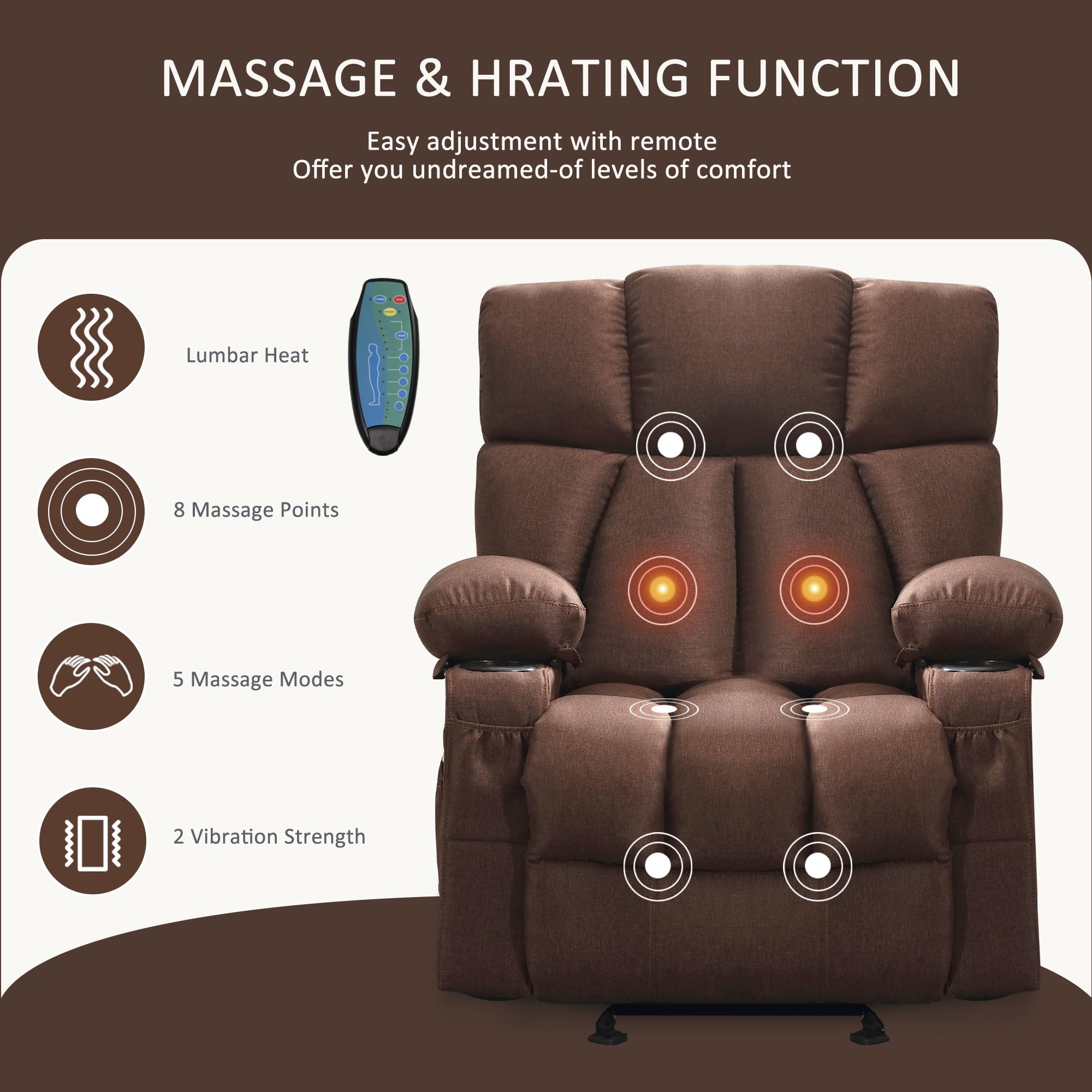 JONPONY Manual Recliner Chair with Heat Therapy and Massage Function, Heavy Duty Reclining Mechanism Massage Chair, Elderly Single Rocker Sofa with Cup Holders for Bedroom Home Theater,Brown