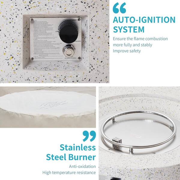 41 in. 50000 BTU Elegant White Round Composite GRFC Fire Pit Table with Glass Wind Guard and Water-Resistent Cover