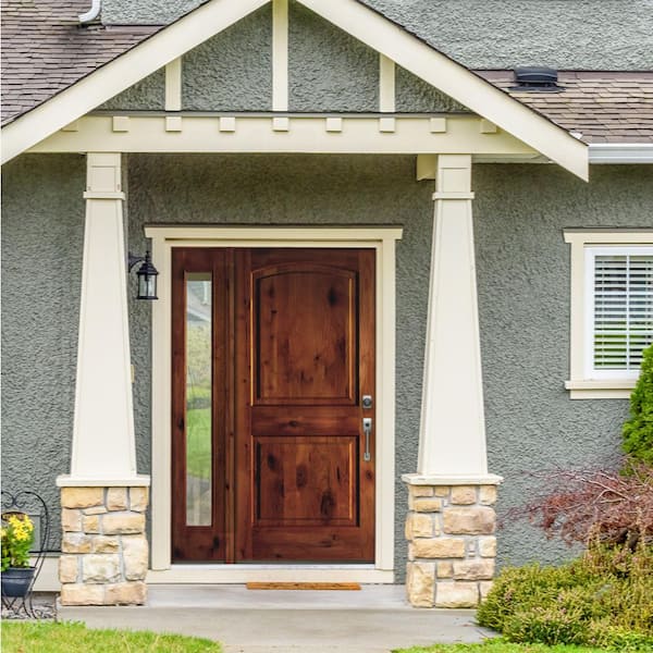 56 in. x 80 in. Knotty Alder 2-Panel Left-Hand/Inswing Clear Glass Red Chestnut Stain Wood Prehung Front Door w/Sidelite