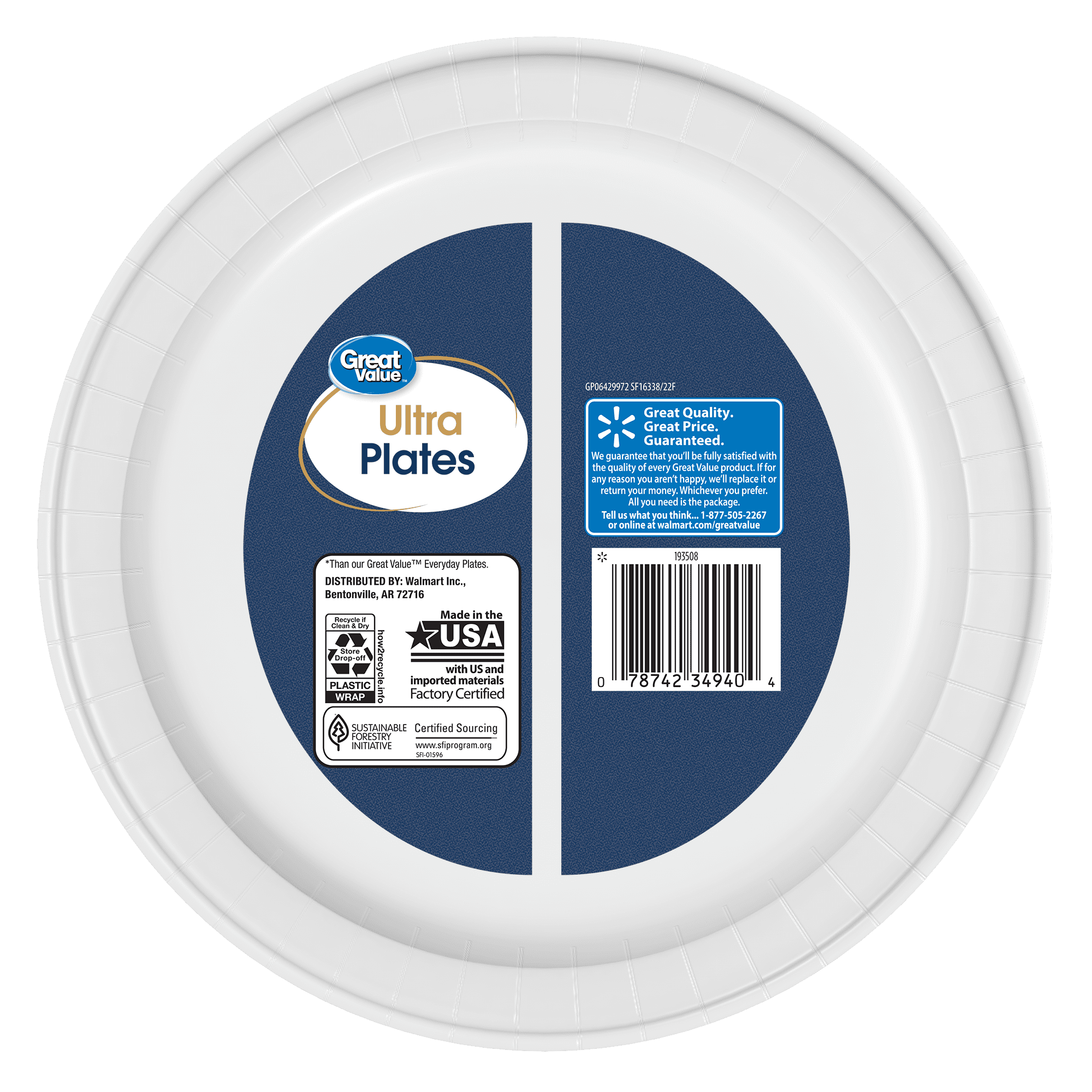 Great Value Ultra Disposable Paper Dinner Plates, White, 10 inch, 50 Plates, Patterned