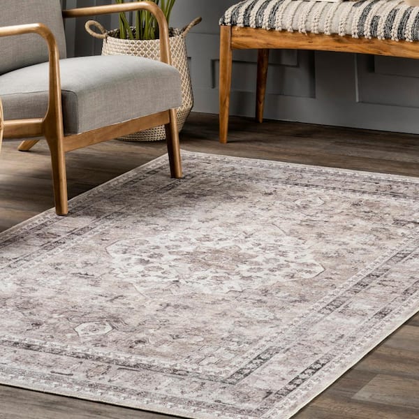 Davi Faded Stain-Resistant Machine Washable Taupe 8 ft. x 10 ft. Area Rug