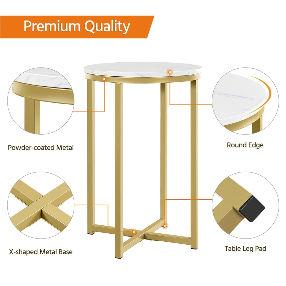 SMILE MART Wooden Top Round Faux Marble Side Table Sturdy Metal Legs Mustard Gold