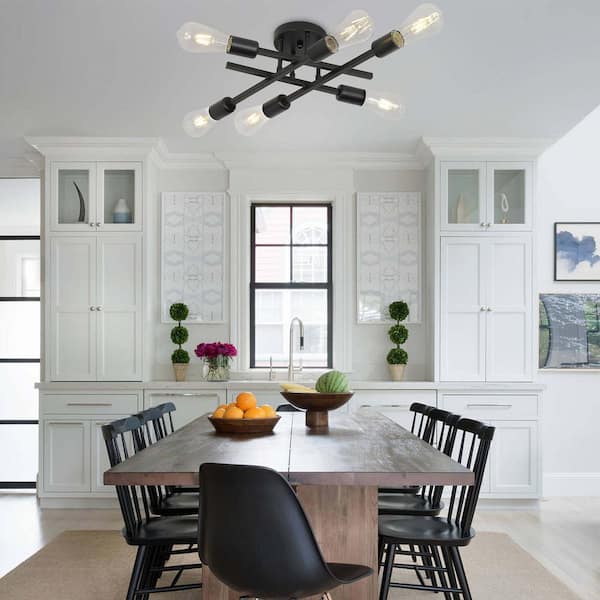 18.9 in. 6-Light Black Sputnik Linear Semi- Flush Mount Ceiling Light Fixture